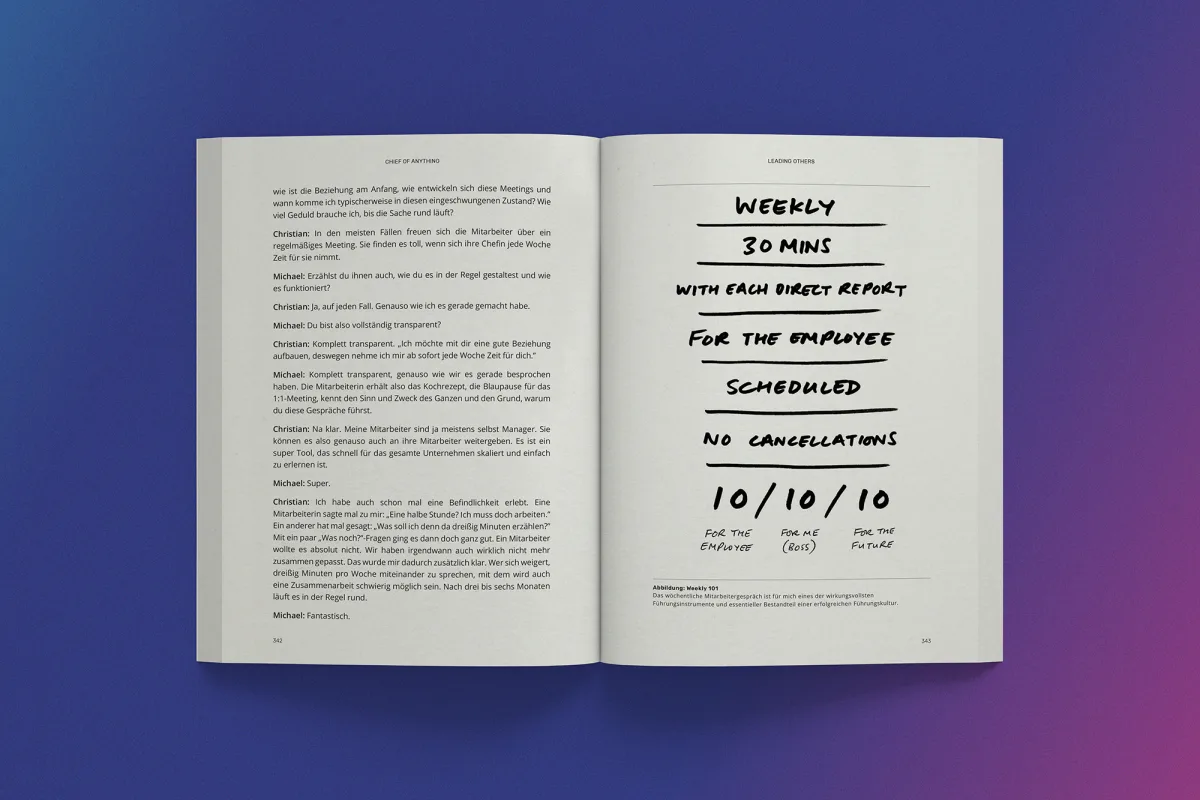 Chief of Anything book, open interior spread with a handwritten weekly planner