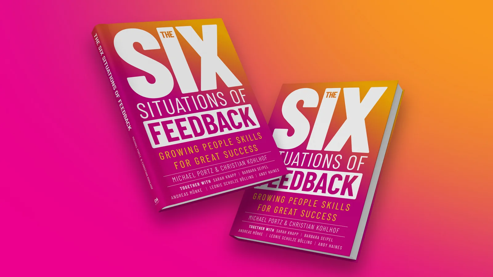 Two copies of The Six Situations of Feedback on a magenta and orange gradient