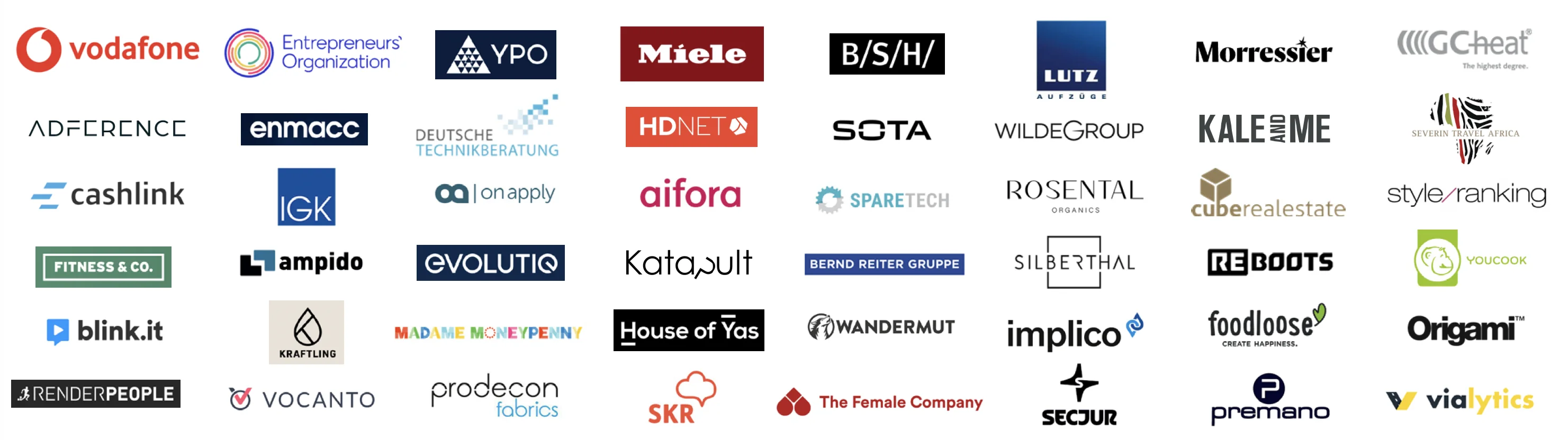 Logos of companies that have taken part in the Chief of Anything leadership development programme, including Vodafone, Miele, BSH, YPO and Entrepreneurs' Organization